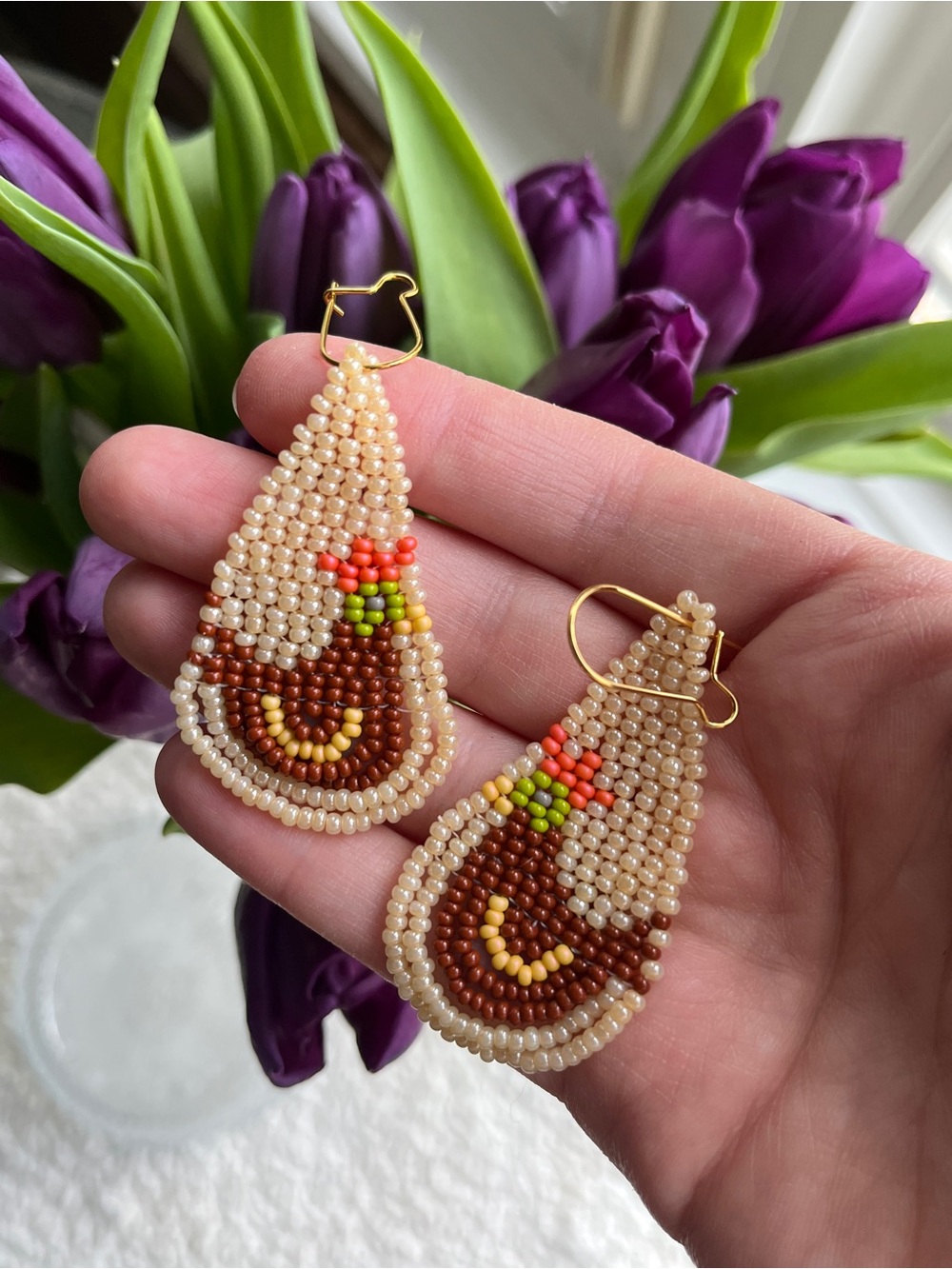 Handcrafted Brown Chicken Beaded Teardrop Earrings
